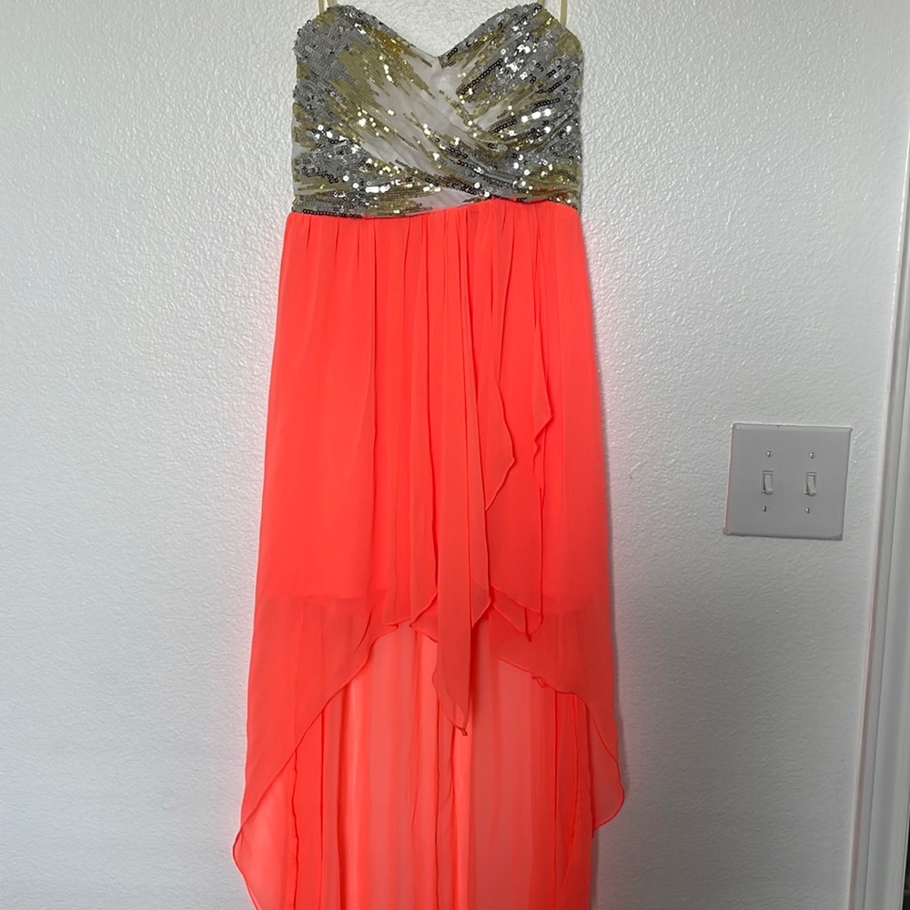 Formal prom dress, neon orange, sequin hearts